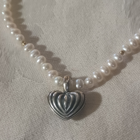 LAGOS Caviar Pearl Necklace with Fluted Heart, SS & 18k, 16" - Picture 3 of 13